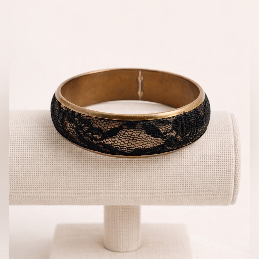 Vintage Black Lace Wrap Brass Bangle Bracelet | Boho Gothic Statement Jewelry